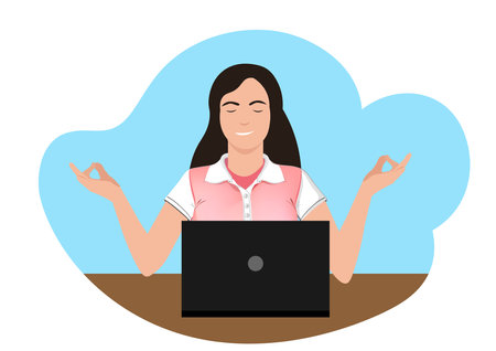 Woman meditating in front of a laptop in office clothes with her eyes closed. Vector illustration in comic style isolated on white backgroundのイラスト素材