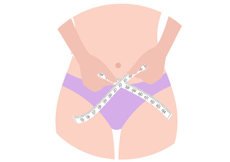 Slim woman measuring her waist with metric tape after eating Isolated on white background.Vector illustrationのイラスト素材