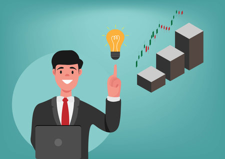 start innovation and creativity Smiling young businessman sitting at laptop and having clear goals concept. vector illustrationのイラスト素材