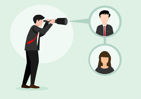 Searching for candidate, HR Human Resources find people to fill in job vacancy, recruitment or finding career opportunity concept, businessman HR look through binoculars to find candidateのイラスト素材