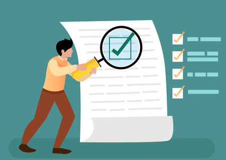 Inspect or review document, report or legal audit, quality assurance, search for document, information or research, investigate, proof or checking concept, businessman with magnifier inspect document.のイラスト素材