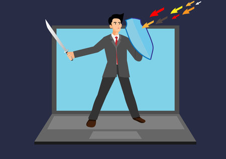 Cyber security protection for safety computer network, safety shield to protect online threat or attack, digital privacy or encryption concept, man hold shield on computer laptop protect cyber attack.のイラスト素材