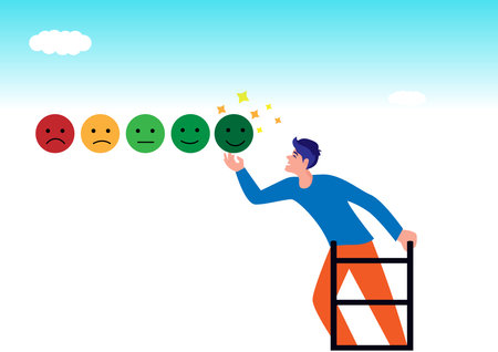 Customer satisfaction, feedback or appreciation rating, positive score or good quality service, customer experience vote concept, young man climb up ladder to give positive smile feedback rating.のイラスト素材