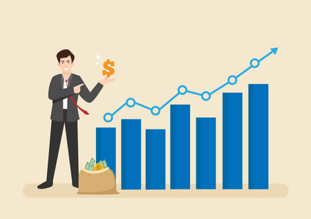 Sales person, marketing or investment professional, earning profit or sale commission money, growth planning or success financial advisor concept, confident businessman hold dollar with growth chart.のイラスト素材