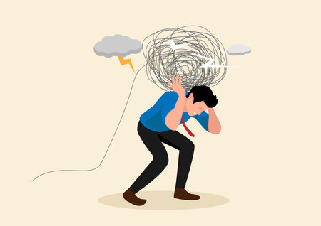 Stress burden, anxiety from work difficulty and overload, problem in economic crisis or pressure from too much responsibility concept, tried exhausted businessman carrying heavy messy line on his backのイラスト素材