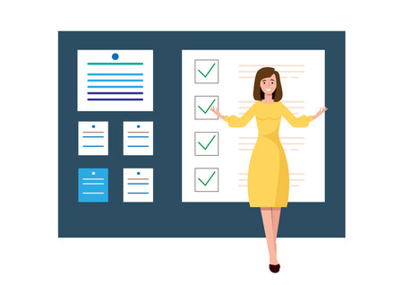 To-do list, young woman puts check marks in front of completed tasks. Time management conceptのイラスト素材