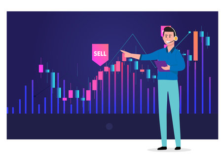 Technical analysis trader to analyze stock market or crypto currency data movement, trend analysis to take profit, buy and sell indicator chart concept, businessman trader magnify candlestick chart.のイラスト素材