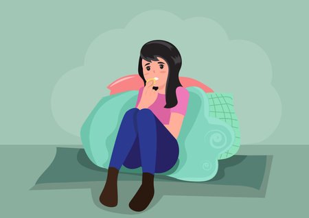 Woman watching an exciting movie on TV and eat cookies, vector illustrationのイラスト素材