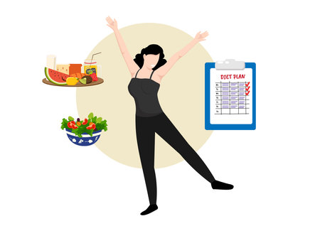 The girl's healthy lifestyle is glad that she can control her diet. Ready to check the daily meal plan Vector illustrationのイラスト素材