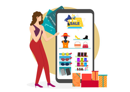 Online shopping concept with characters. Sales and consumerism. Young woman shopping online using a smartphone. Vector illustrationのイラスト素材