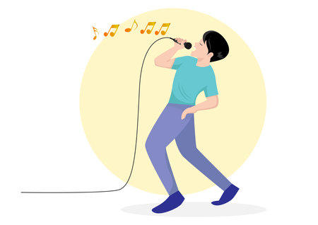 Man singing using a microphone He looks happy. Vector illustrationのイラスト素材