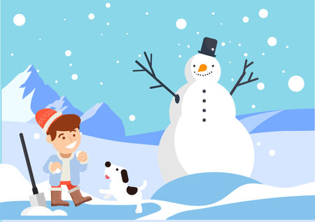 Little child and dog playing in the snow in winter. Vector illustrationのイラスト素材