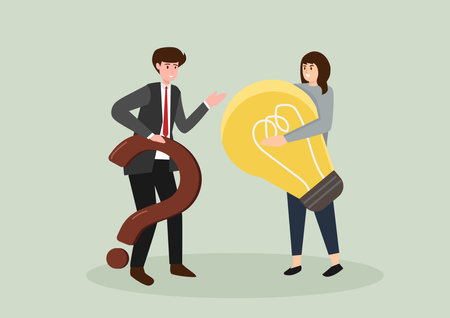 A businessman gives a light bulb to a colleague who is running out of ideas and wondering what to do next.のイラスト素材
