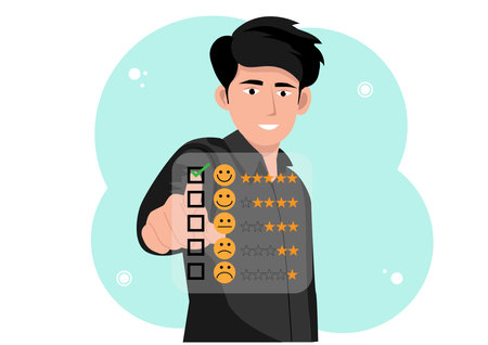Customer service and Satisfaction concept ,Business people are touching the virtual screen on the happy Smiley face icon to give satisfaction in service. rating very impressedのイラスト素材