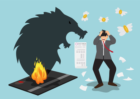 Credit card debt, financial problems, loan or repayment obligation, over spending or expenses, money problems flat vector illustration.のイラスト素材