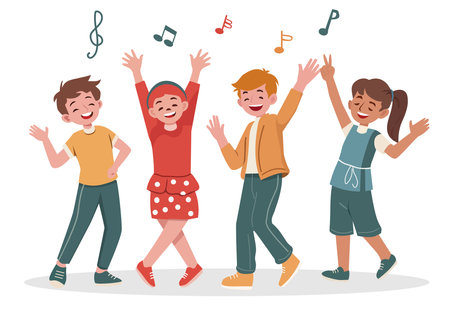 Happy cute boy and girl dancing togetherのイラスト素材