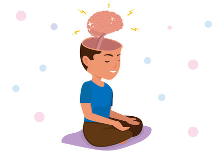 Image of a man meditating with an open mind It is a point of connection between thoughts and energy waves.のイラスト素材