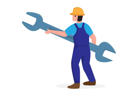 Labor workers, construction workers dressed in worker's uniforms, holding hats or toolsのイラスト素材