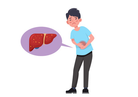 A young man has abdominal pain in the liver area that has fatty deposits.のイラスト素材