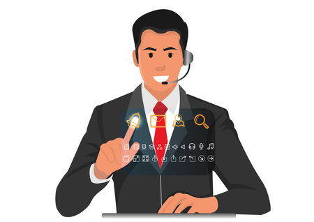 Illustration of a call center agent having a conversation Sit and work and use your index finger to point forward. open modern systemのイラスト素材