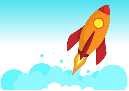 Illustration of a lonely flying rocket for starting a business and successのイラスト素材