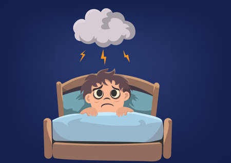 Illustration of an insomniac boy having fear in bed at nightのイラスト素材