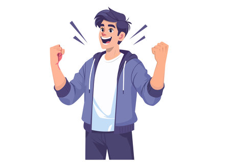 Flat style illustration of a young man raising his fists in delight at his success.のイラスト素材
