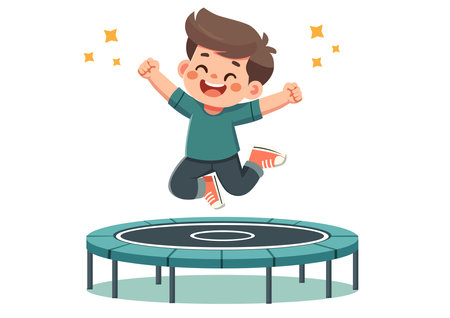 Flat style illustration of a happy boy jumping high on a trampoline with his arms raised in the air.のイラスト素材