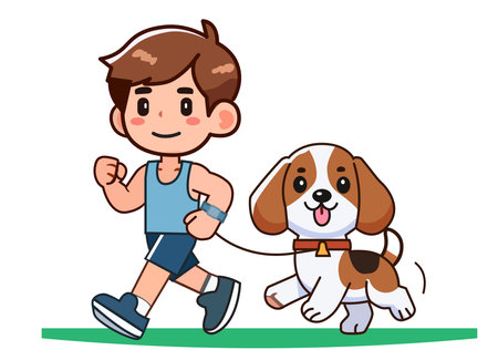 A young man walks his cute dog.のイラスト素材