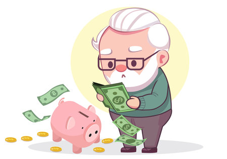 An elderly man in the picture calculates his retirement savings, looking anxious.のイラスト素材