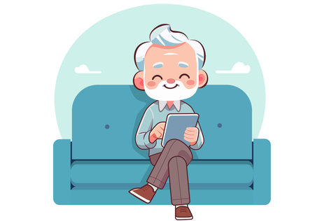 Uncle sits on the sofa playing with a tablet.のイラスト素材