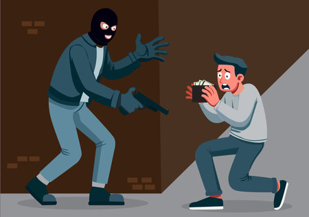 The perpetrators used guns to threaten and take the victim's property.のイラスト素材