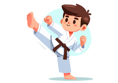 A boy is practicing karate kicks.のイラスト素材