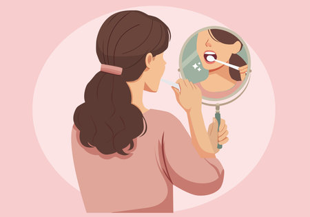 A woman uses a small mirror to look at her teeth, reflecting on a large mirror.のイラスト素材