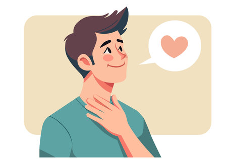 Illustration of a young man smiling with a warm gestureのイラスト素材