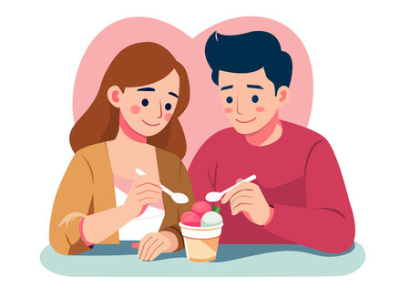 Flat illustration of a young man and woman eating ice cream together, developing a relationship by bonding and caring for each other.のイラスト素材