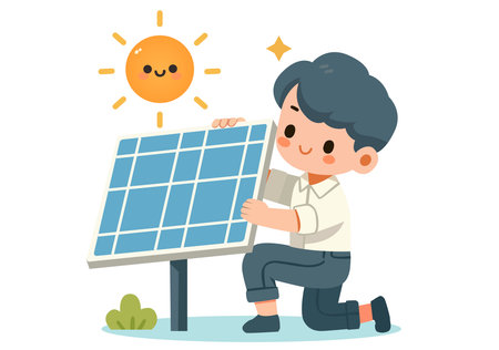 Illustration of a boy installing solar powerのイラスト素材