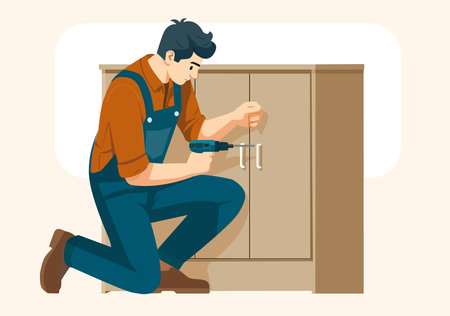 Illustration of a carpenter repairing a cabinetのイラスト素材