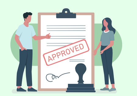 An illustration of a large contract or document with a prominent red "APPROVED" stamp and a signature. A man and a woman stand beside the document, representing business partners, clients, or employees who have successfully concluded an agreement or received official permission.のイラスト素材