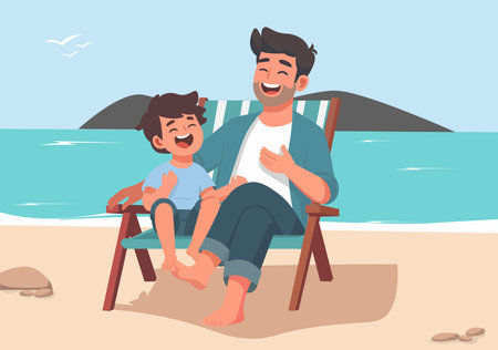 An illustration of a happy father and his young son laughing and sitting comfortably together on a striped deck or beach chair. The image represents family bonding, quality time, leisure, and relaxation during vacation or a casual summer day.のイラスト素材