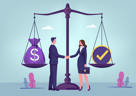 An illustration of a businessman and a businesswoman shaking hands in front of a large balance scale. One side of the scale holds a bag of money, while the other holds a large checkmark icon, symbolizing the balance between financial value and mutual agreement or successful completion in a business transaction.のイラスト素材