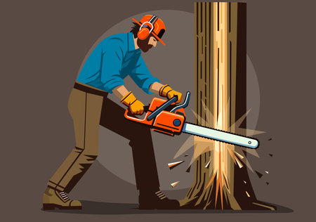 Illustration Lumberjack Cutting Tree with Chainsawのイラスト素材