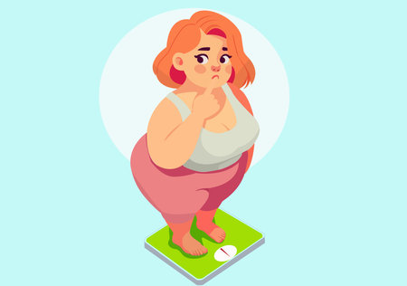 Illustration Overweight Woman Standing on Weight Scaleのイラスト素材