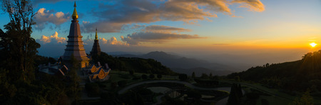 Thai temple on the top of mountain in chiangmai,Thailand. Landmark twin pagoda in doi Inthanon national parkの写真素材