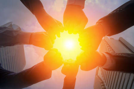 Teamwork togetherness collaboration, cycle, big sun center,business teamwork concept.