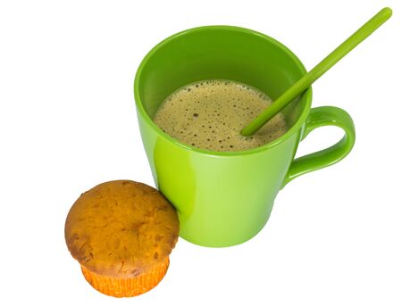 tasty sweet cupcake and hot aromatic coffee on white backgroundの写真素材