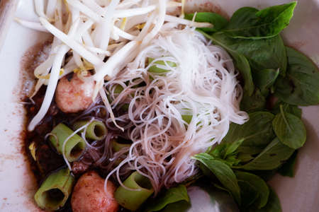 Namtok Noodles,Thai noodle with pork, stewed pork, meatball, pork liver and blood soupの写真素材