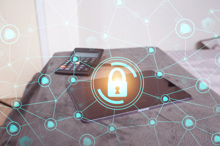 Data protection privacy concept. GDPR. Cyber security network. Black tablet with digital hologram...