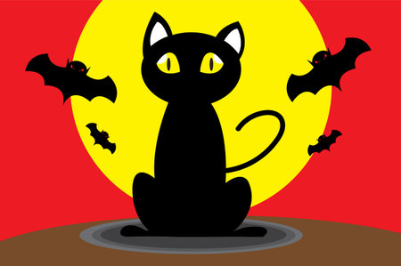 cartoon vector halloween bat flying near black cat and moon.のイラスト素材