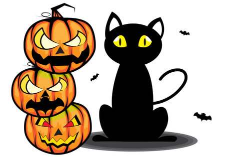 cartoon vector 3 stacked Halloween devil pumpkin heads next to a black cat.のイラスト素材